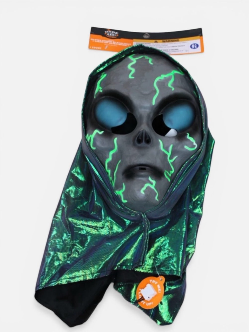 Hyde and Eek - Green Lightning Alien Mask Costume Hood. Glows Under Blk Light.